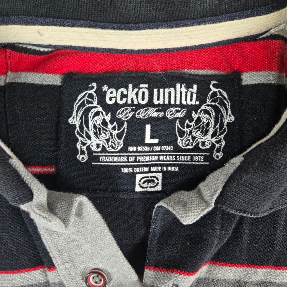 Y2K Ecko Unltd Mens Black Striped Streetwear Polo Shirt Size L - Picture 3 of 8